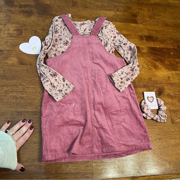 NWT Btween Pink Corduroy Overall Dress with Floral Long Sleeve scrunchie size 6 - Picture 5 of 5